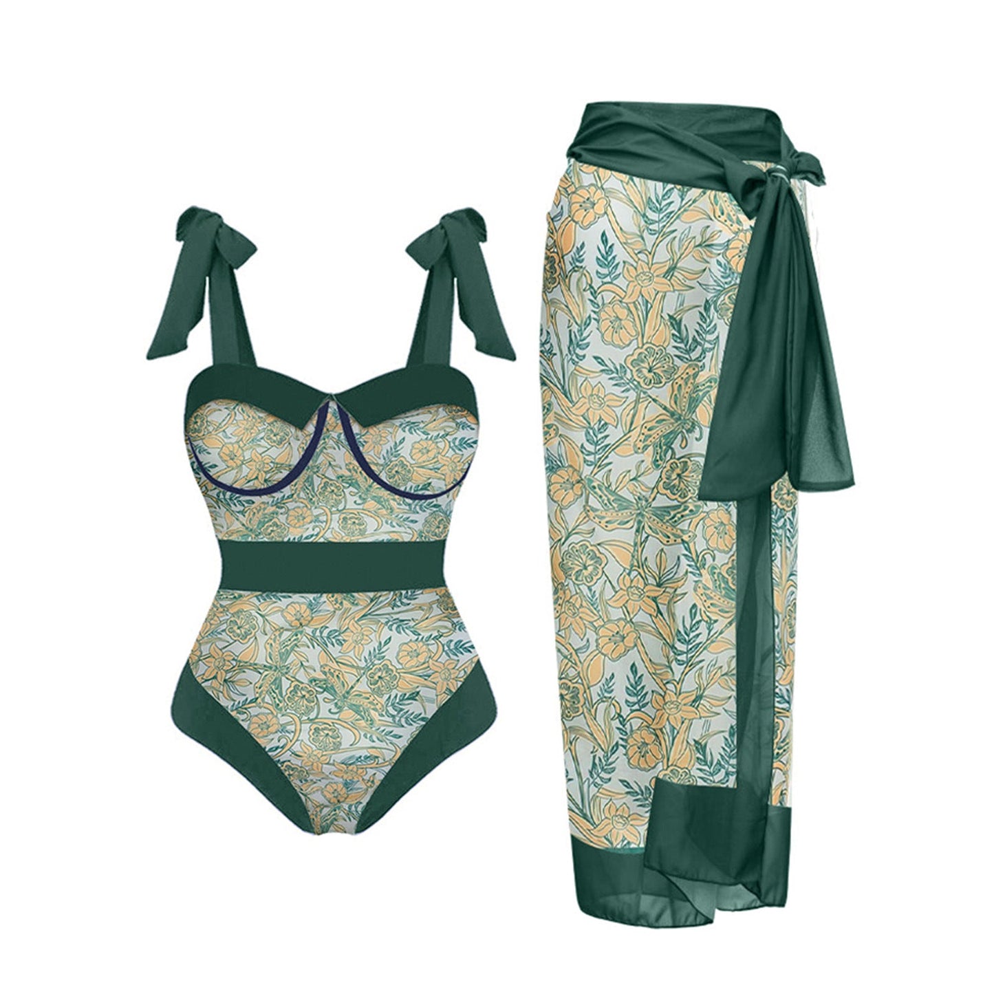 Berg-Feldt Damen Badeanzug Zweiteiler mit Blumenmuster und Wickelrock