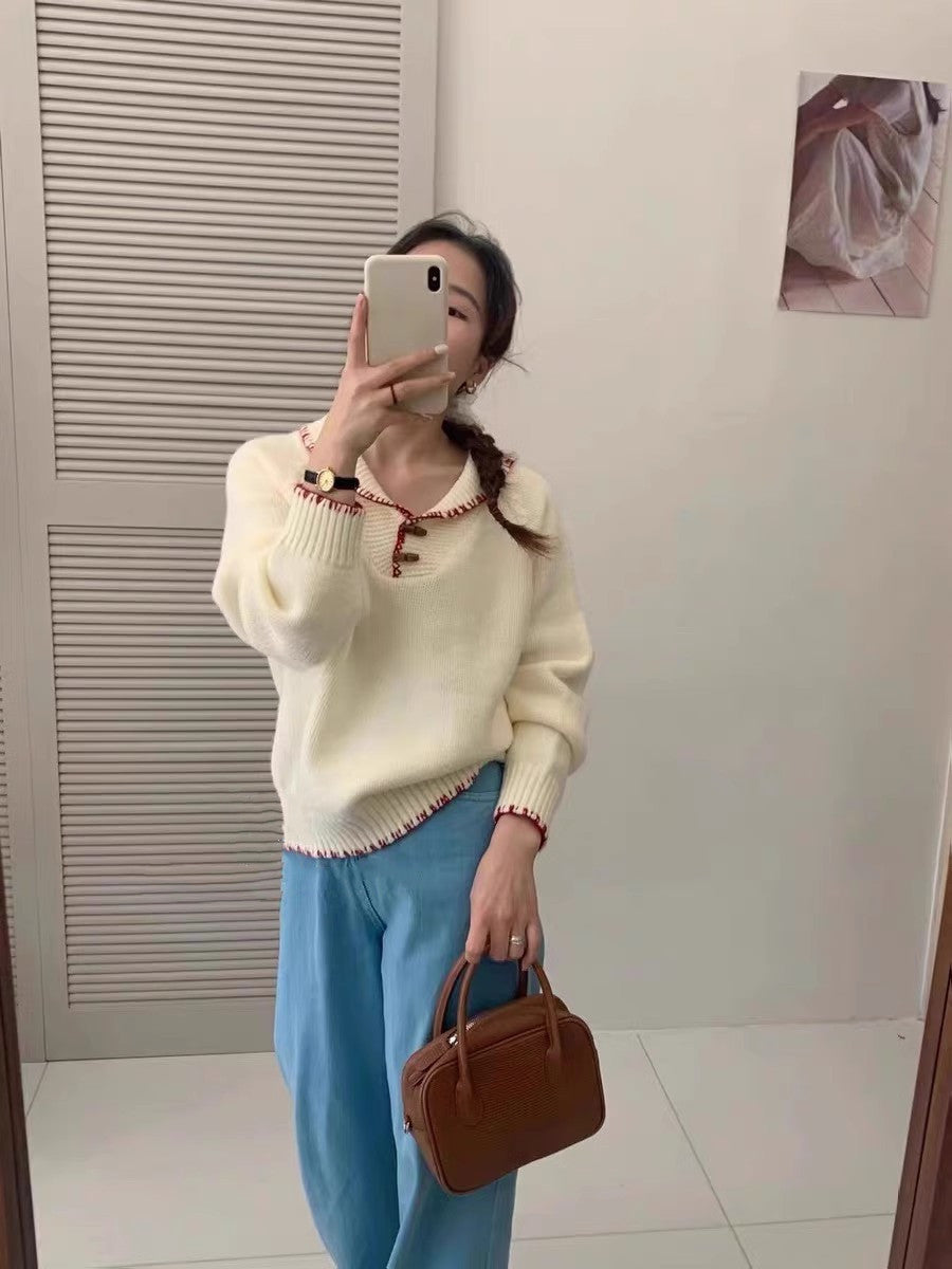 Women's Casual Knit Sweater with Unique Button Design and Contrast Details Berg-Feldt