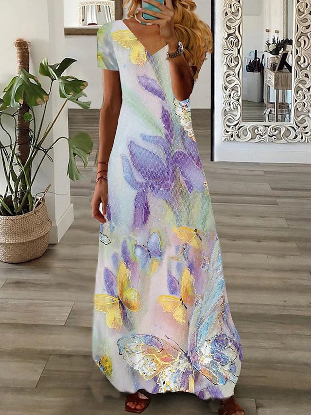 Robe longue à col en V et imprimé marbré abstrait avec manches courtes pour femmes de berg-feldt