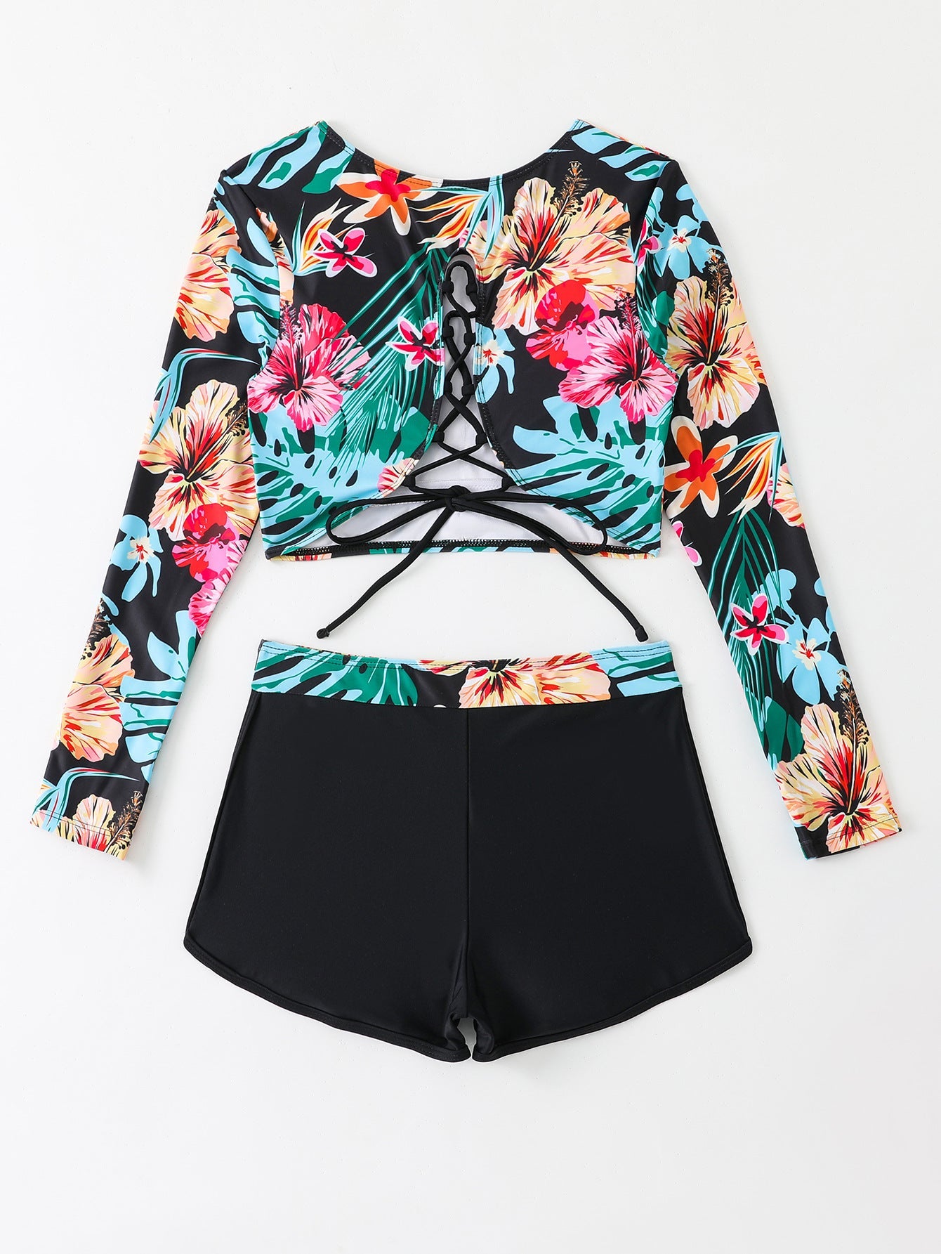 Tenue de bain sportive pour femme à manches longues, motif floral et laçage réglable de berg-feldt