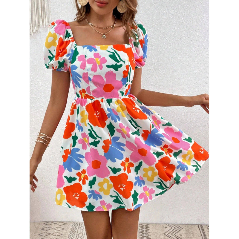 Berg-feldt Robe Courte Florale à Manches Bouffantes pour Femme