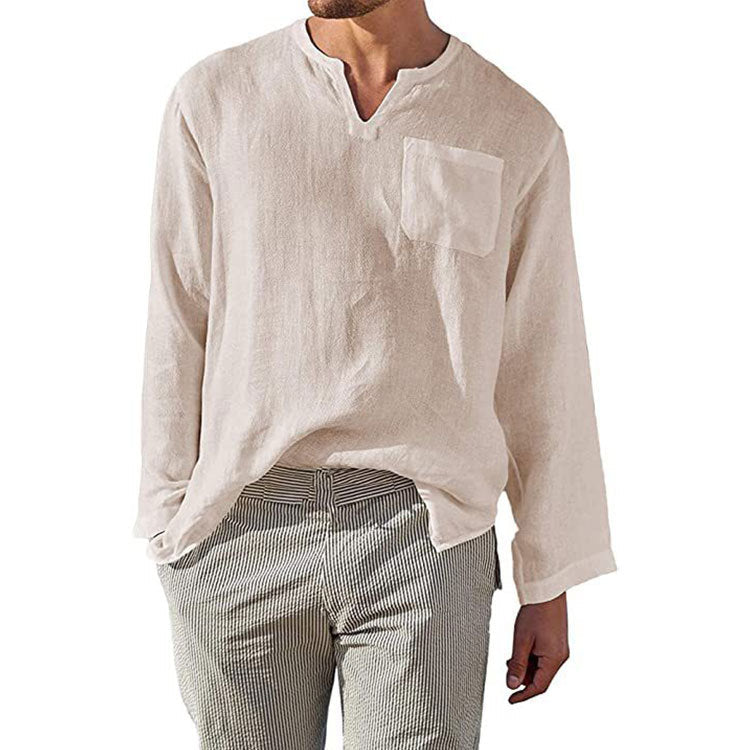 T-shirt homme en lin à manches longues, col Henley et poche poitrine Berg-Feldt