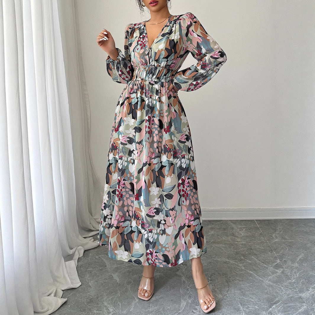 Robe longue de soirée en mousseline de soie à fleurs et col en V pour femme de berg-feldt