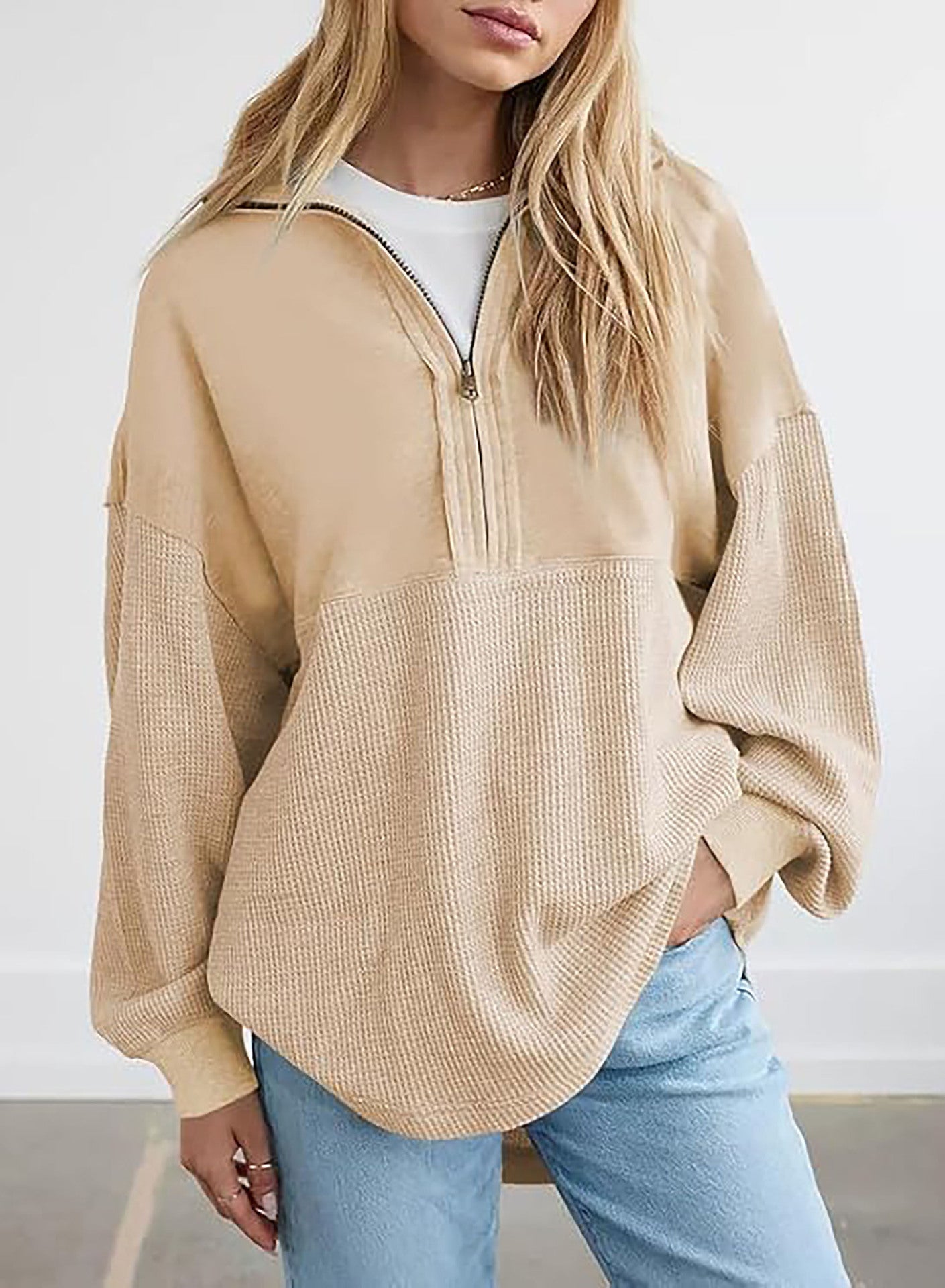 Damen-Sweatshirt décontracté à capuche mi-zippée avec texture Fieldt