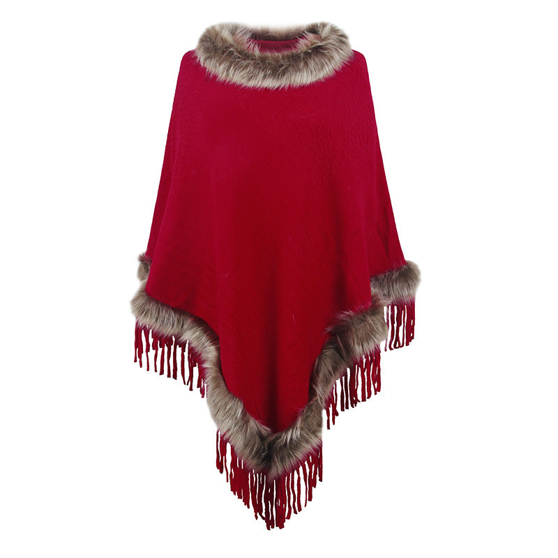 Poncho élégant pour femme avec col luxueux en fausse fourrure et franges décadentes Berg-Feldt