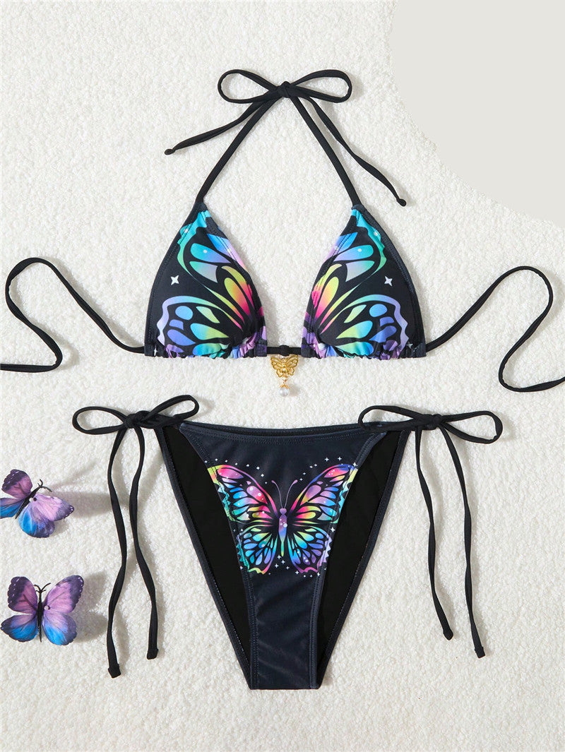 Ensemble bikini pour femme, bikini triangle à motif papillon coloré et double lien de berg-feldt