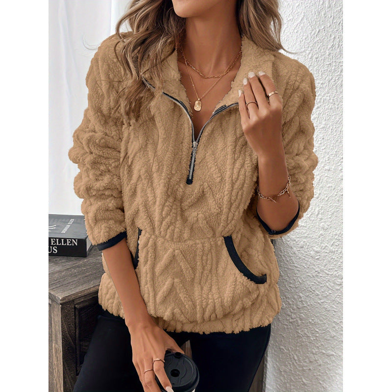 Pull en molleton demi-zip pour femme avec col montant et motif de montagne