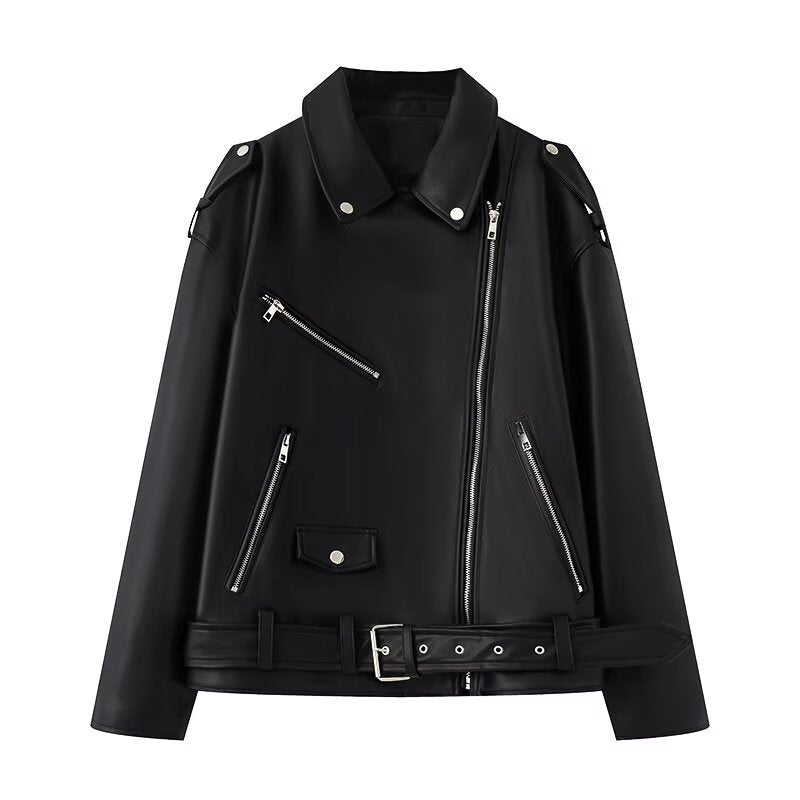 Veste motard Berg-Feldt en simili cuir pour femme avec poches zippées et ceinture