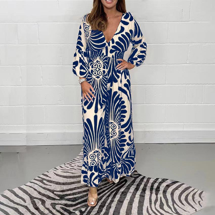 Robe longue bohème pour femme à col en V et manches bouffantes de berg-feldt