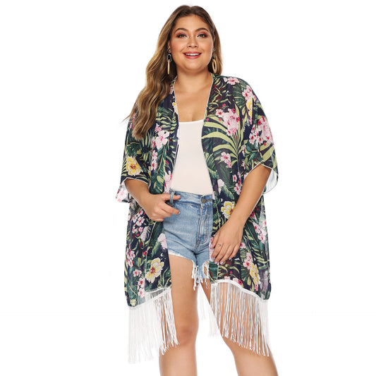 Berg-Feldt Damen Kimono Cardigan mit Blumenmuster und Fransen
 - berg-feldt