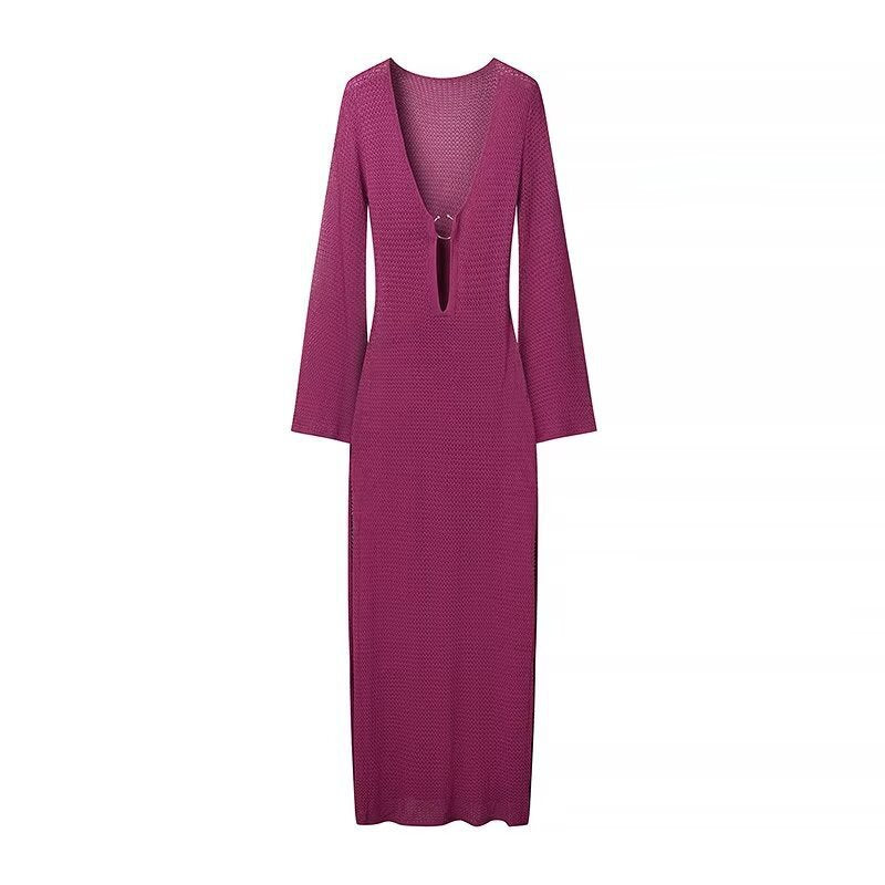Robe mi-longue à manches longues pour femmes avec col en V et anneau décoratif de berg-feldt