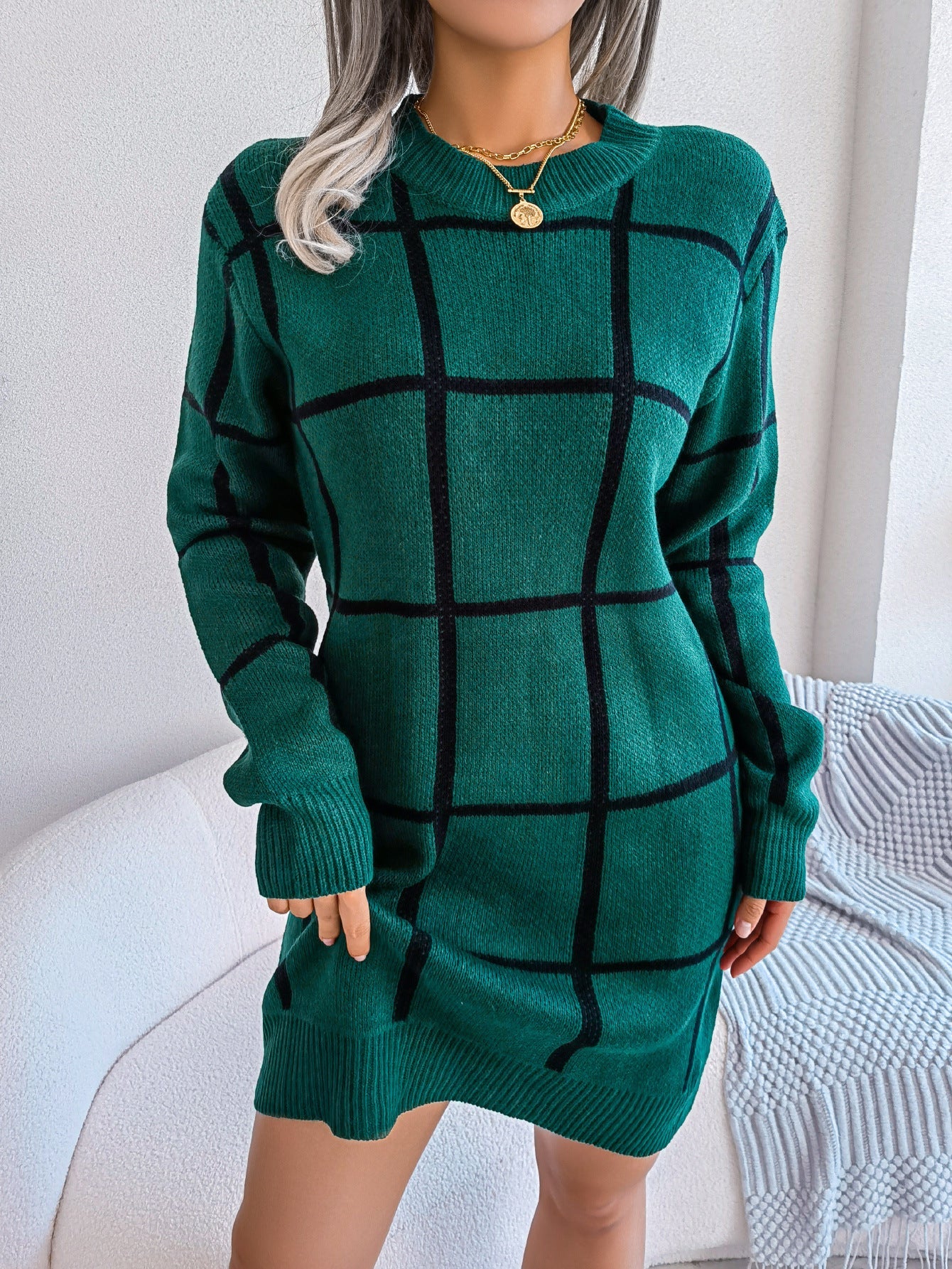 Robe pull à col roulé et motif à carreaux moderne, pour femme, de berg-feldt