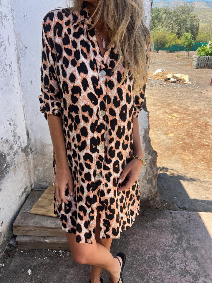 Berg-Feldt Damen Hemdkleid mit Knopfleiste und Leopardenmuster