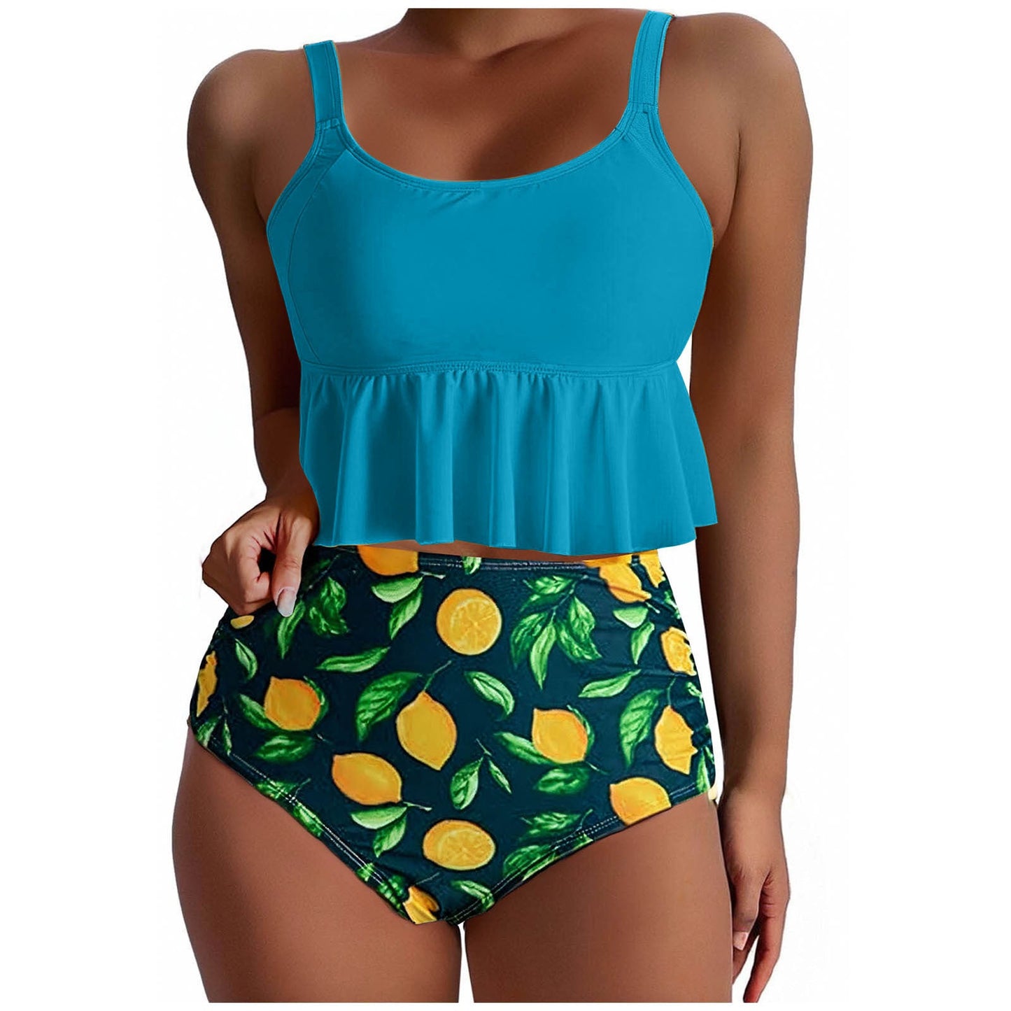 Berg-Feldt Damen Badeanzug Set mit hohem Bund und Zitronenprint