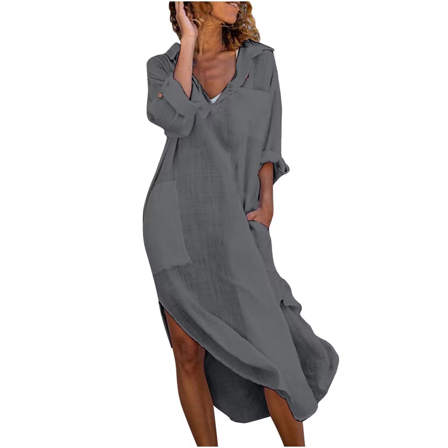 Robe longue en coton et lin à manches longues de Fudus