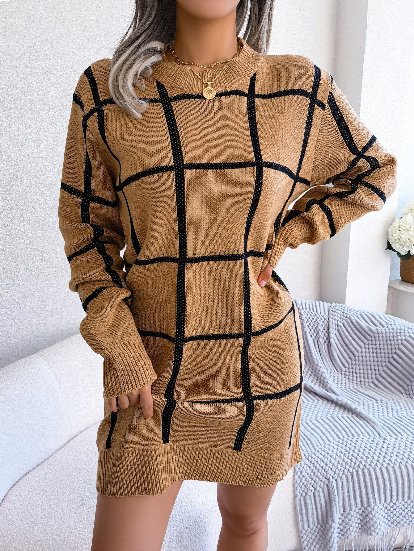 Robe pull à col roulé et motif à carreaux moderne, pour femme, de berg-feldt
