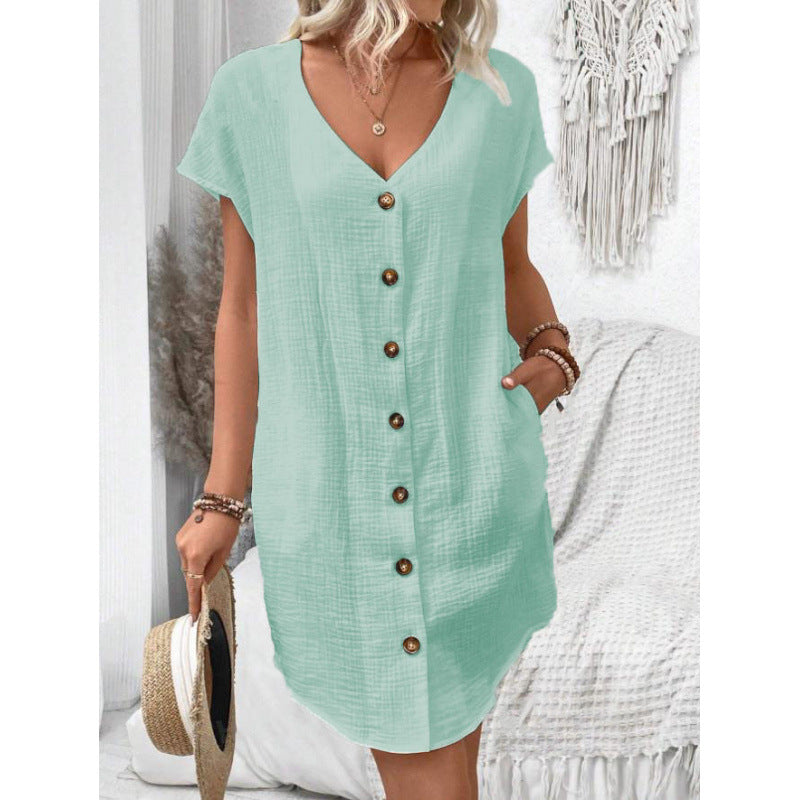 Robe en coton et lin à col en V boutonnée Fudus
