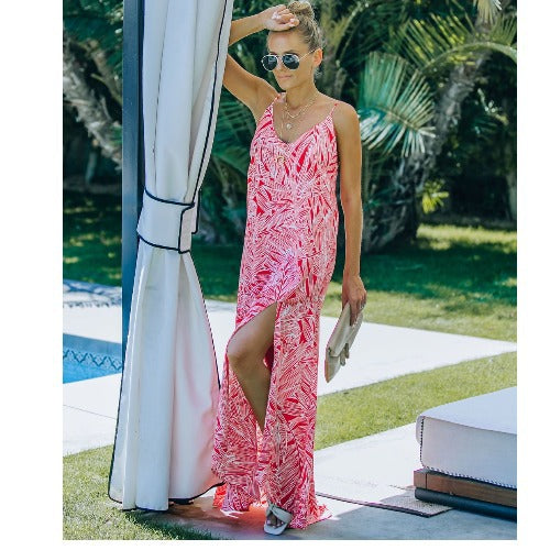 Maxikleid für Damen mit tropischem Print, hohem Schlitz und verstellbaren Trägern von berg-feldt