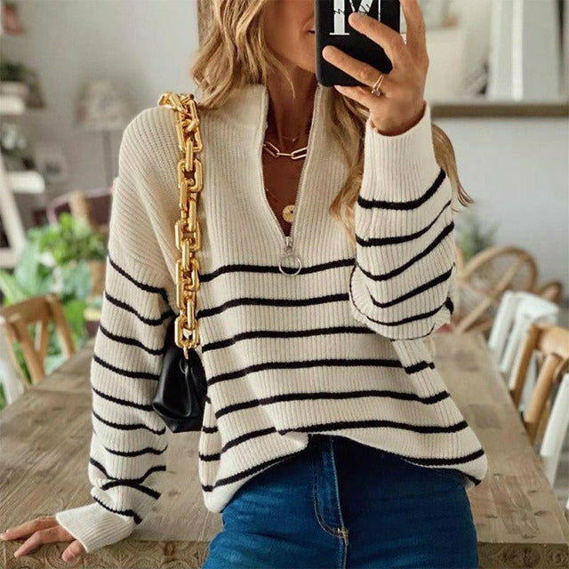 Berg-Feldt | Pullover - Damen Herbstgestreifter Halb-Zip Strickpullover