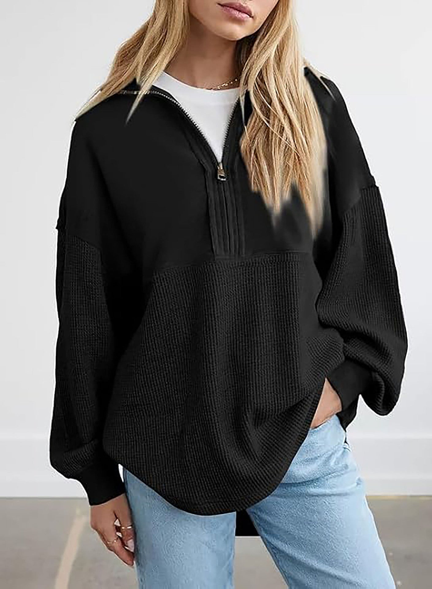 Damen-Sweatshirt décontracté à capuche mi-zippée avec texture Fieldt