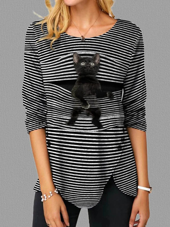 Damen T-shirt décontracté avec motif chat Montagne-Feldt