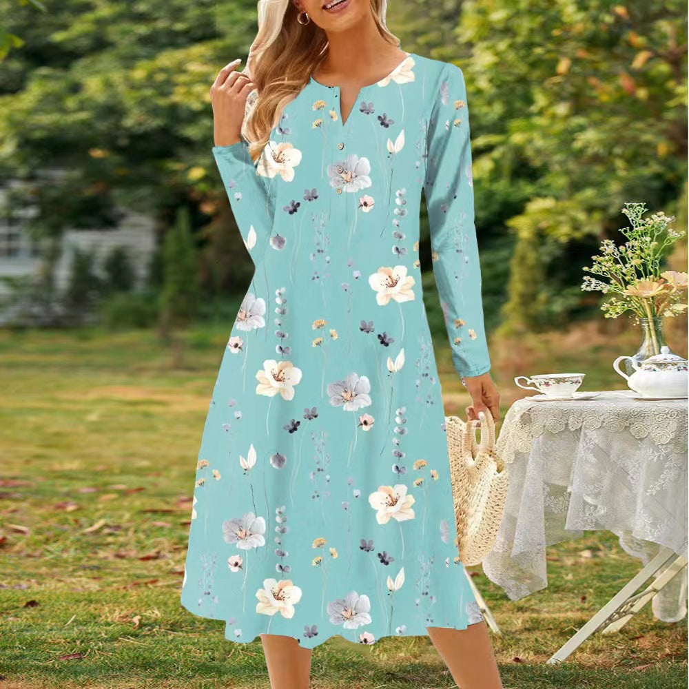 Robe élégante pour femme Fudus avec ceinture, imprimé floral, col en V et manches longues