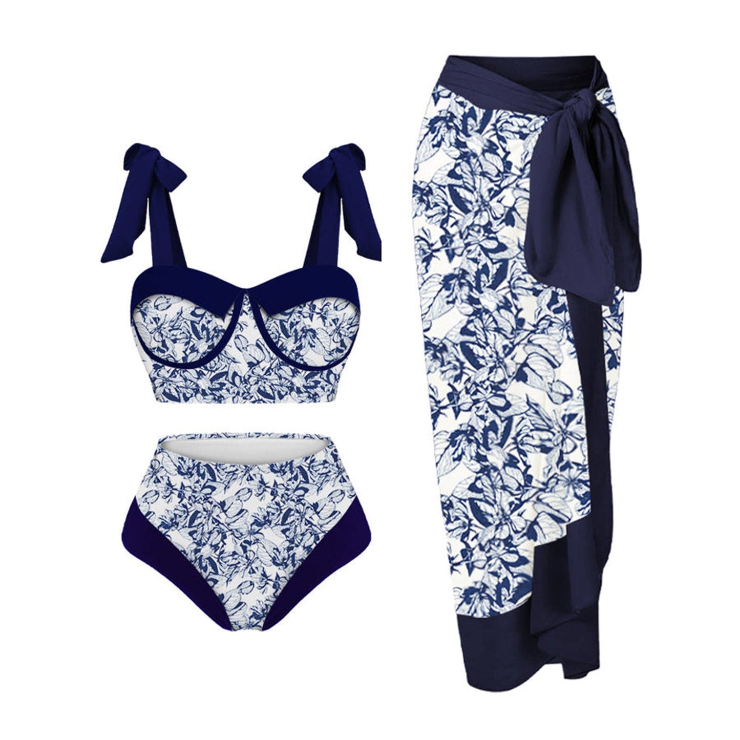 Ensemble de bikini Berg-Feldt pour femmes, taille haute, imprimé floral, avec jupe portefeuille assortie