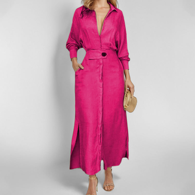 Elegantes Maxikleid mit tiefem V-Ausschnitt, Gürtel und lässigem Schnitt von berg-feldt
