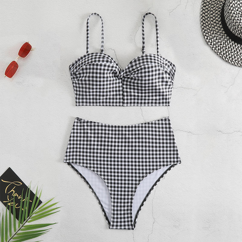 Berg-Feldt Haut de maillot de bain crop top à carreaux tendance et taille haute pour femme
