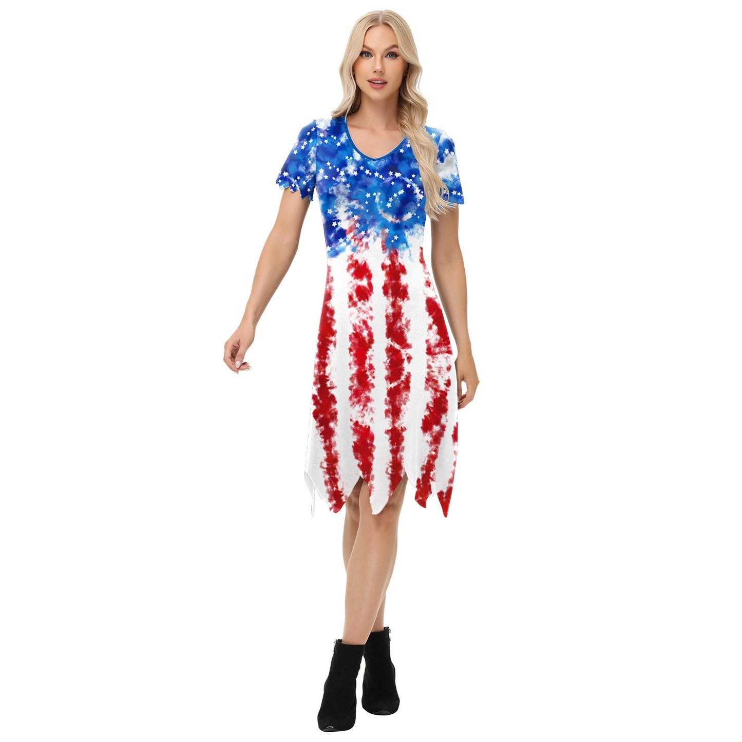 Lässiges Damen-T-Shirt-Kleid mit asymmetrischem Saum und US-Flaggenmuster von berg-feldt