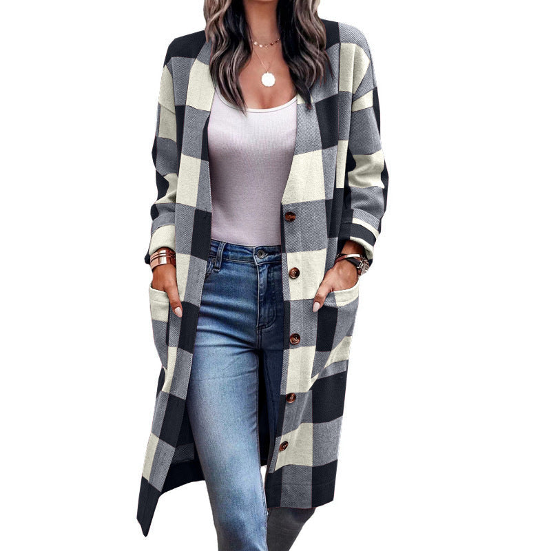 Gilet cardigan long à carreaux pour femme avec poches Berg-Feldt