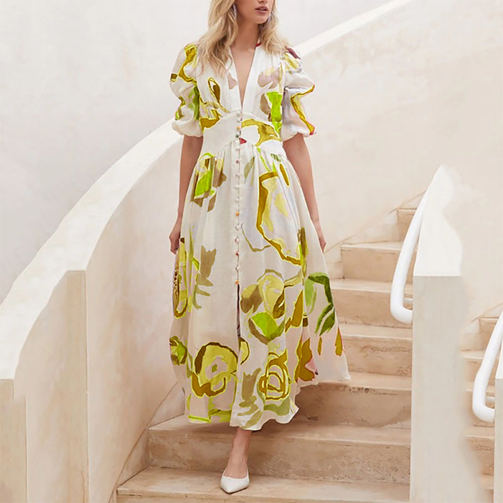 Berg-Feldt Robe longue pour femme avec manches bouffantes et motif floral