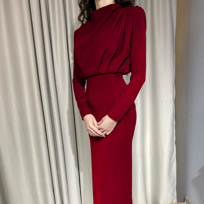Damen Bodenkontakt Kleid mit elegantem Stehkragen und Raffungen Berg-Feldt