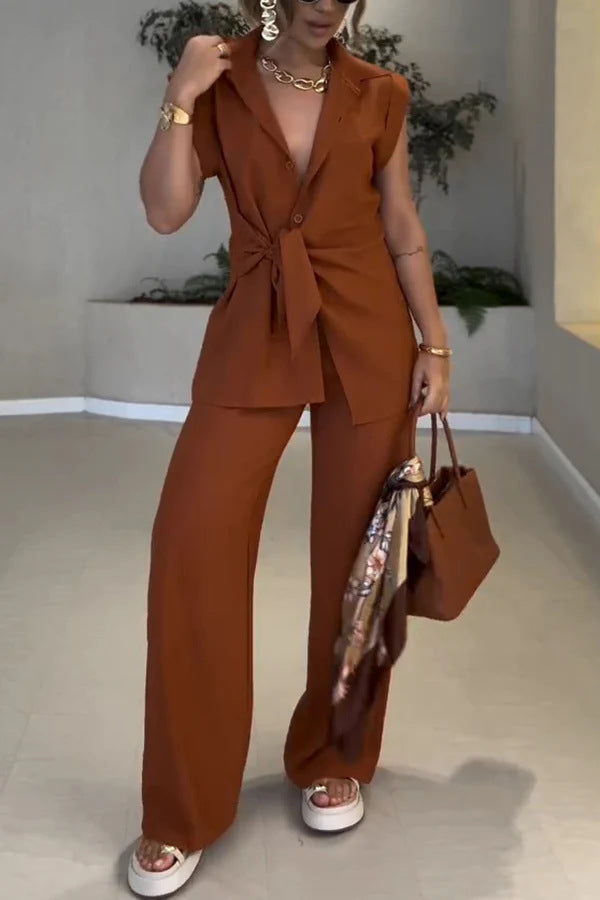 Ensemble tailleur-pantalon taille haute avec ceinture à nouer pour femme, par berg-feldt