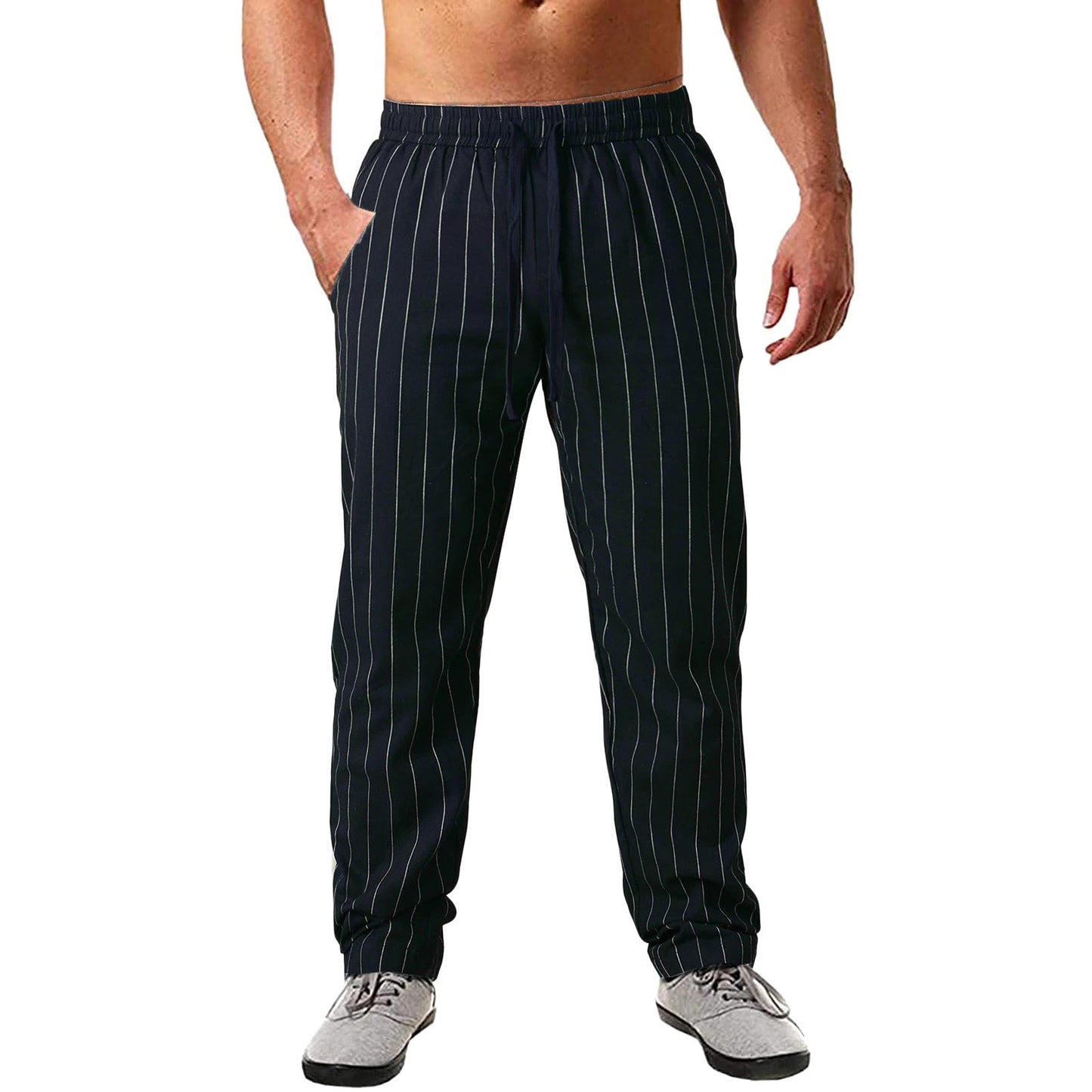 Pantalon rayé décontracté en coton mélangé pour homme avec taille élastique et poches latérales Berg-Feldt