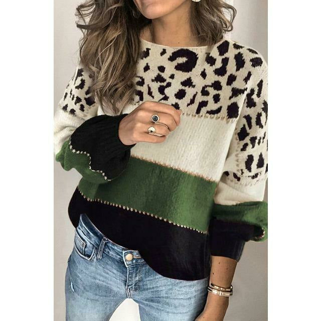 Berg-Feldt | Pullover - Damen Herbst Leopard Patchwork Strickpullover