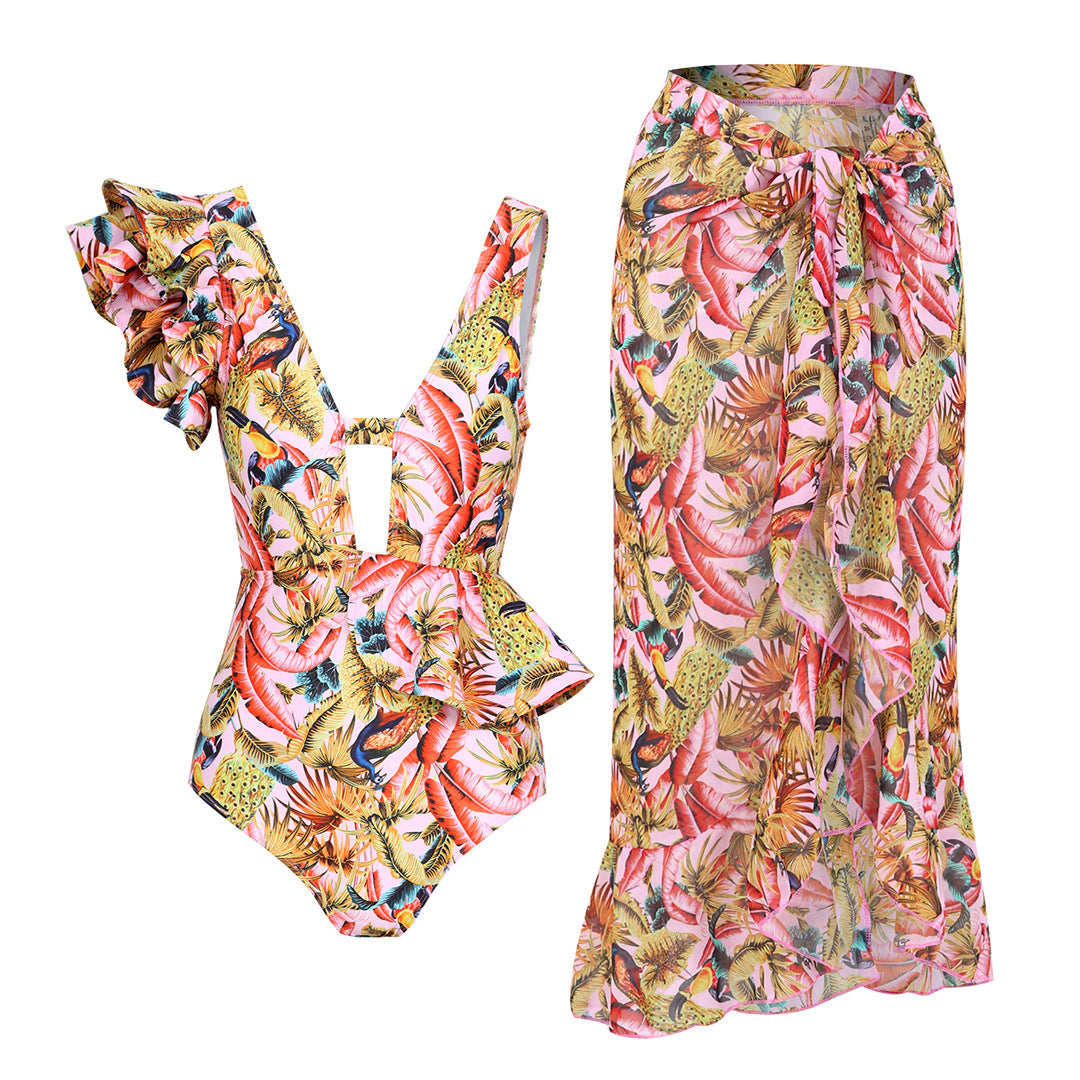 Berg-Feldt Damen Badeanzug: Asymmetrisches Rüschen- und Blumenmuster
 - berg-feldt