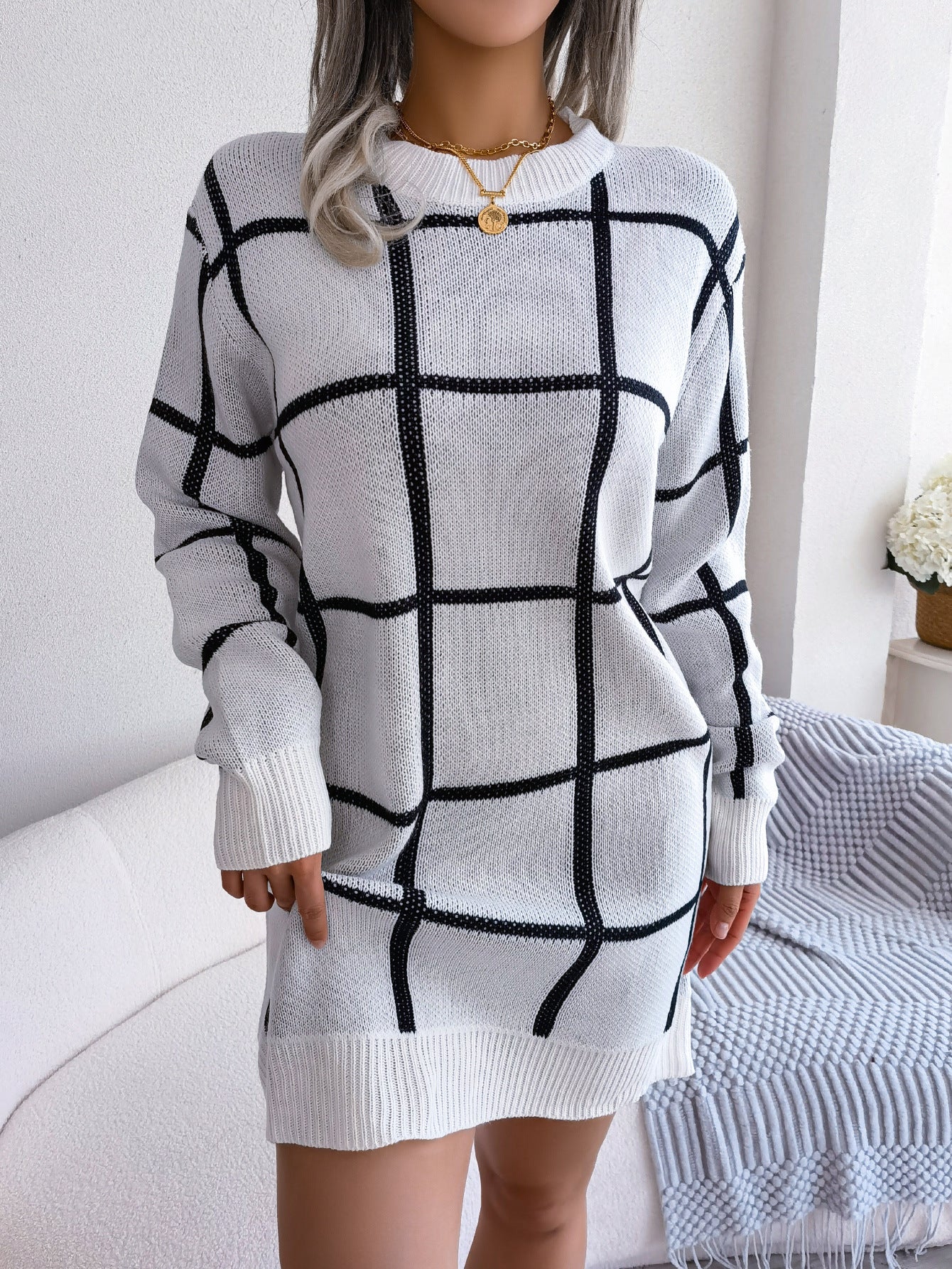 Robe pull à col roulé et motif à carreaux moderne, pour femme, de berg-feldt