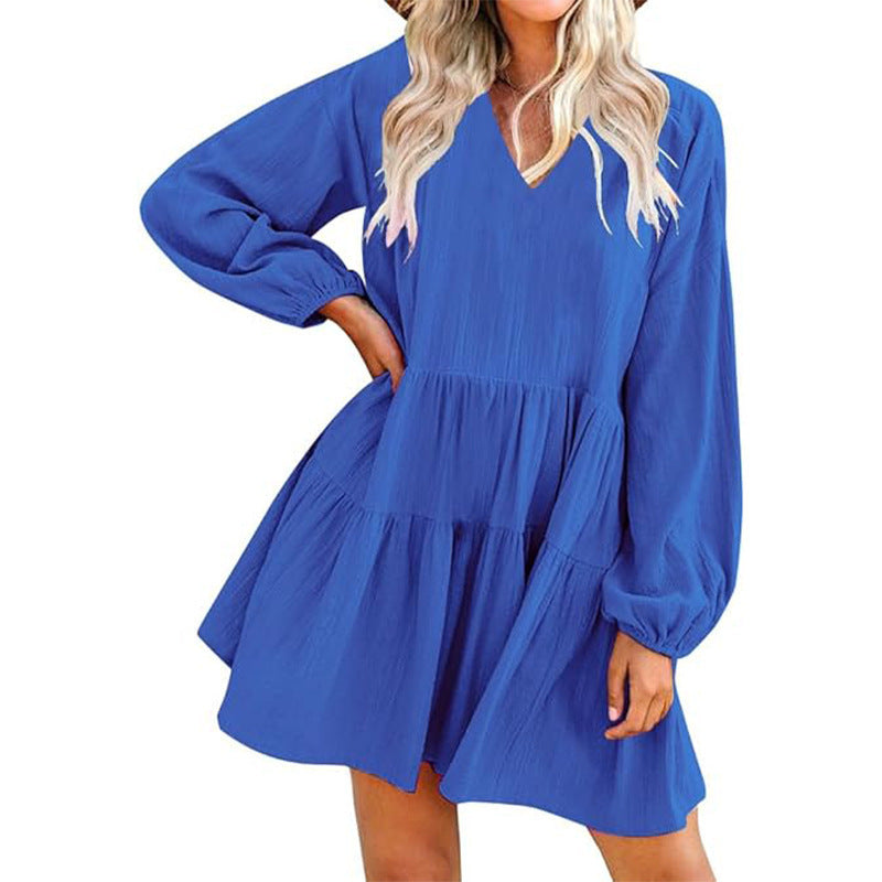 Robe décontractée pour femme avec col en V, manches ballon et jupe étagée de berg-feldt