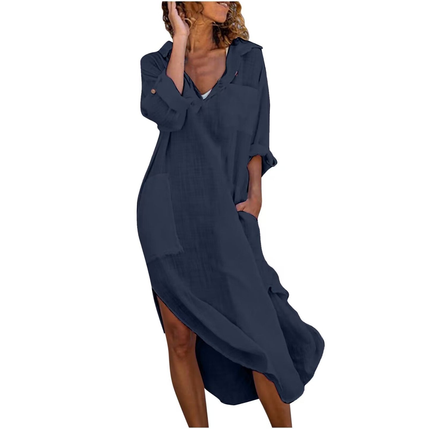 Robe longue en coton et lin à manches longues de Fudus