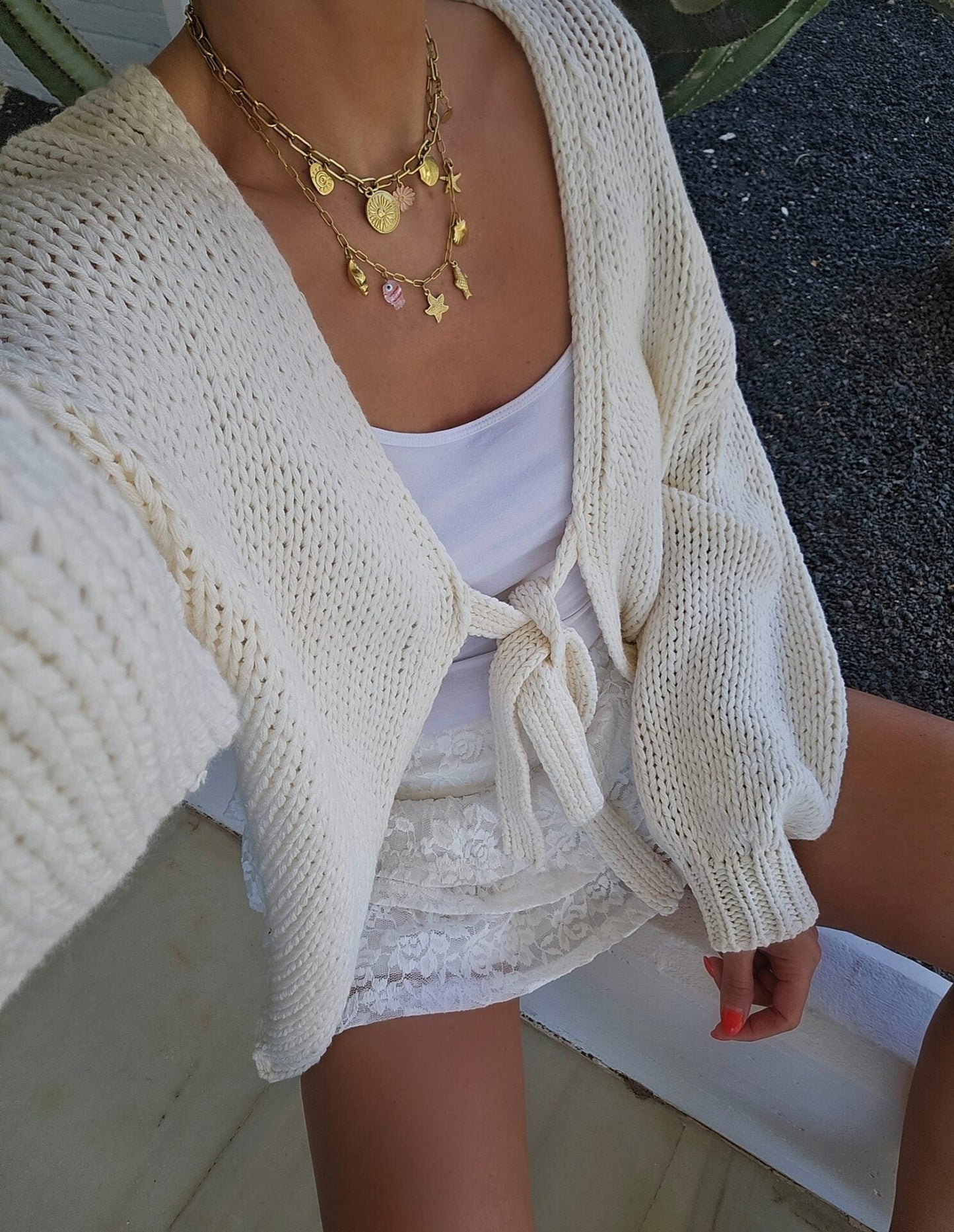 Damen-Cardigan en tricot décontracté avec lien à nouer et manches larges Berg-Feldt