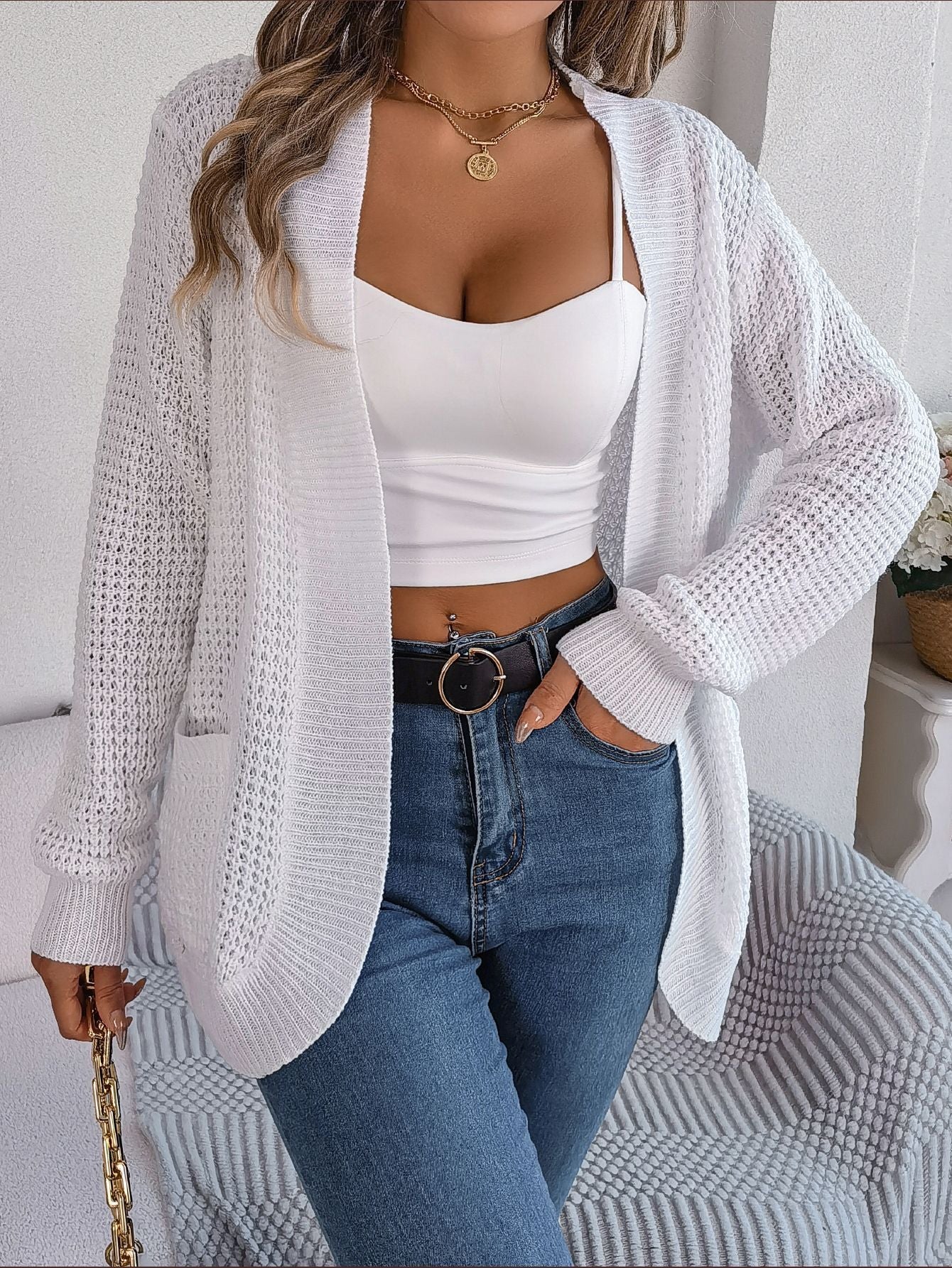 Cardigan léger pour femme à motif ajouré au crochet avec poches de berg-feldt