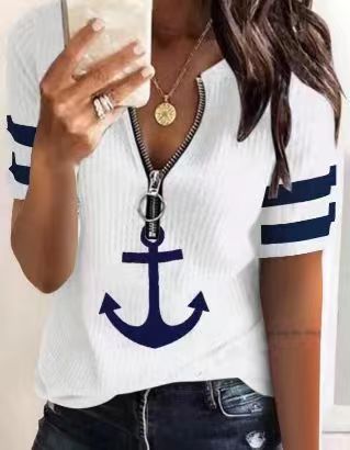 Pull marin à manches courtes zippé pour femme avec motif ancre Berg-Feldt