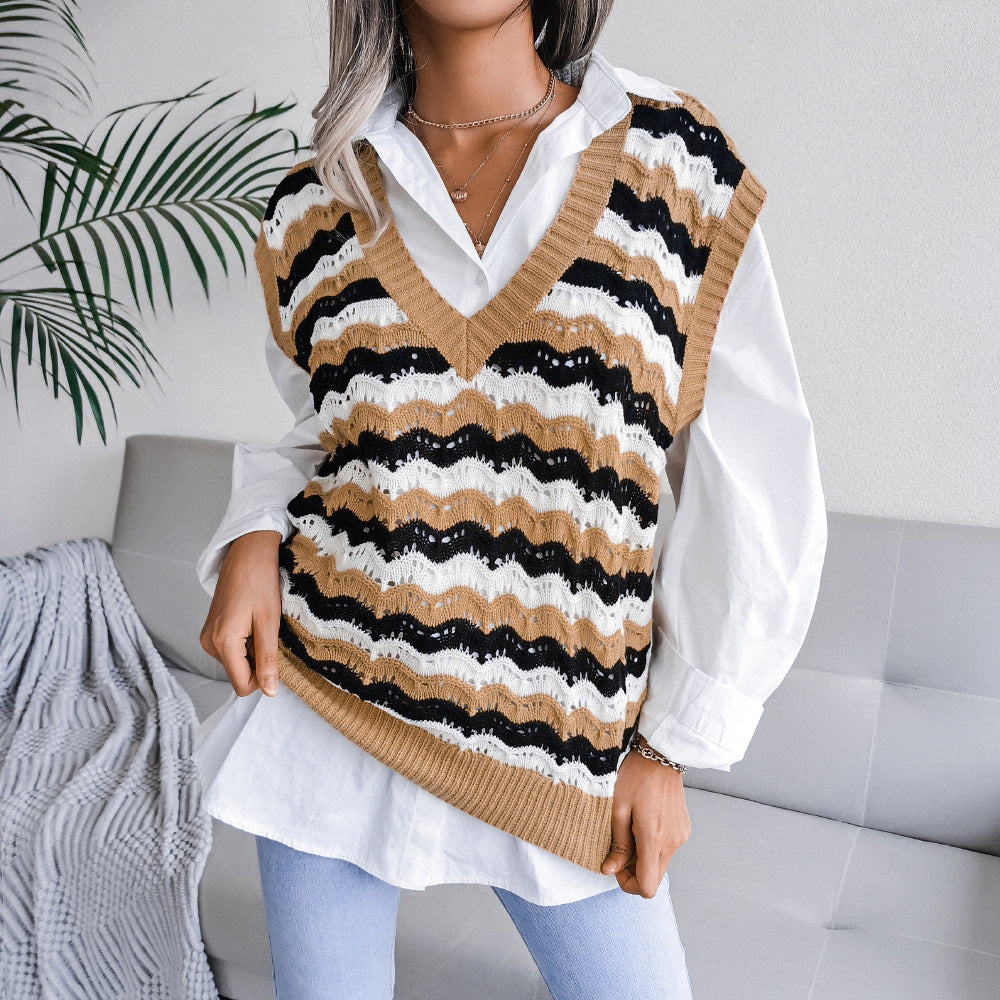 Gilet en tricot pour femme Berg-Feldt, col en V, motif ondulé