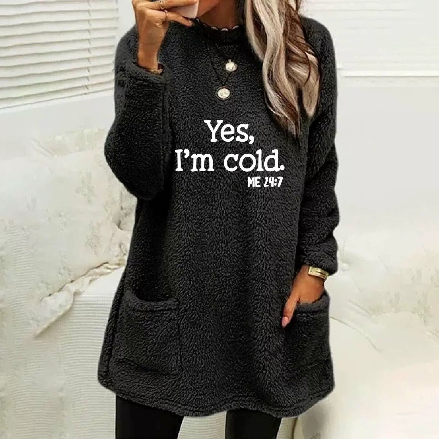 Berg-Feldt | Übergröße Sweatshirt Doppelseitiges Fleece Buchstabenprint Seitentaschen Langarm