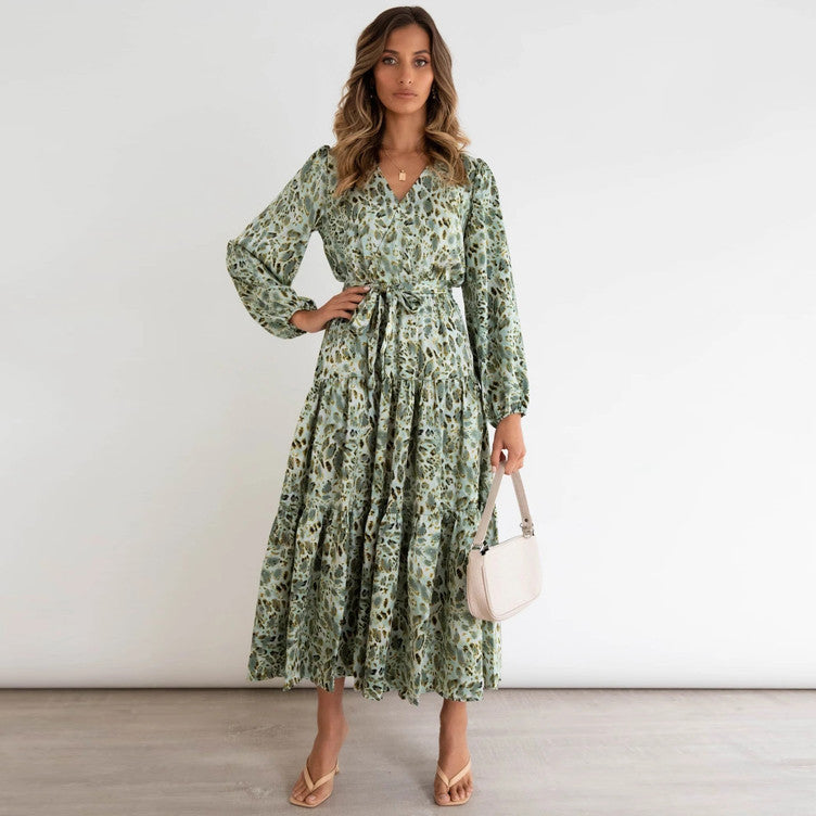 Robe longue florale berg-feldt pour femme avec taille froncée et manches longues