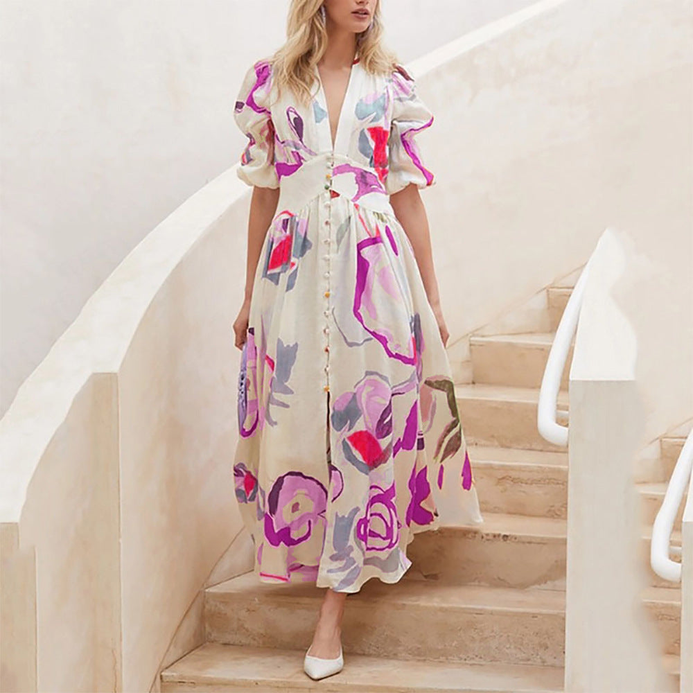 Berg-Feldt Robe longue pour femme avec manches bouffantes et motif floral