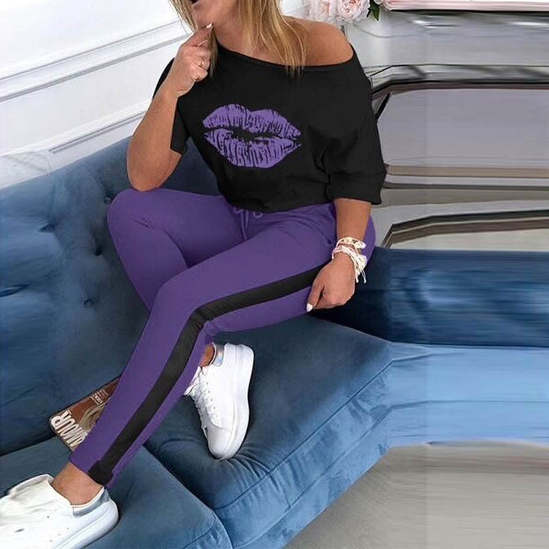 Ensemble haut et pantalon décontracté pour femme Berg-Feldt avec imprimé graphique lèvres
