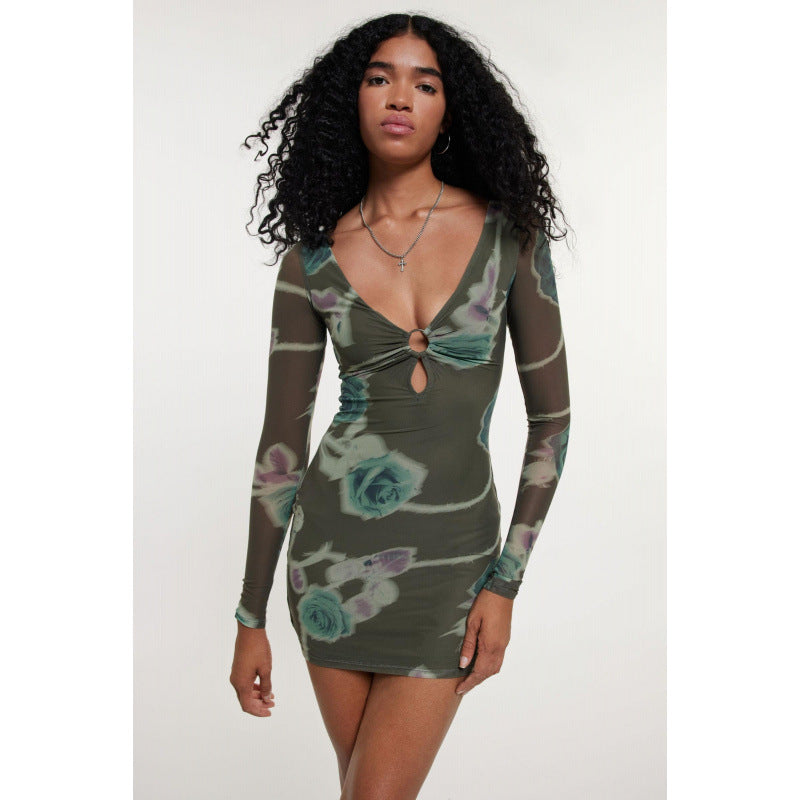 Robe courte et transparente pour femme, à imprimé floral, manches longues et col en V, par berg-feldt