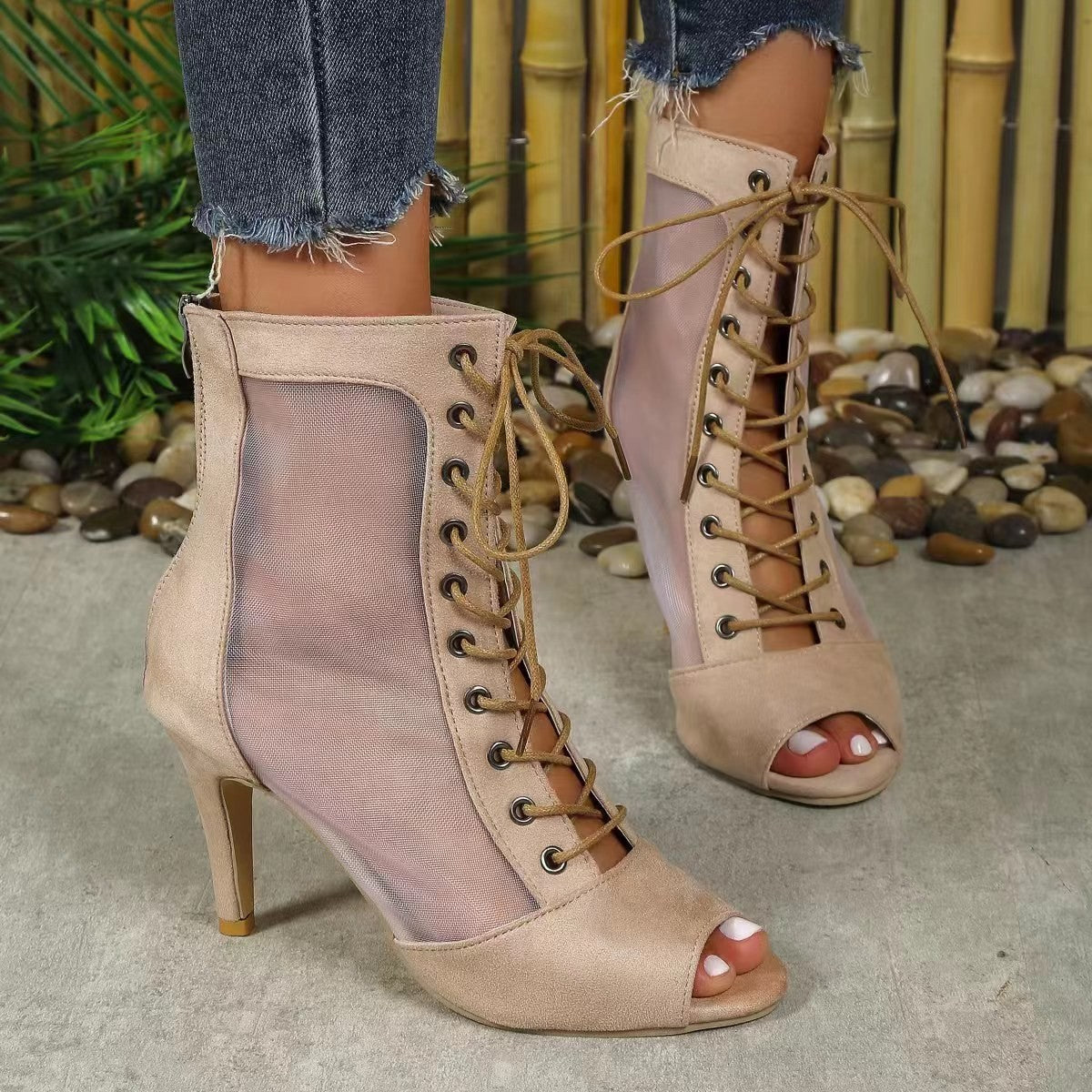 Damen Halboffene High Heel Stiefel mit transparentem Seiteneinsatz und Schnürung Berg-Feldt
